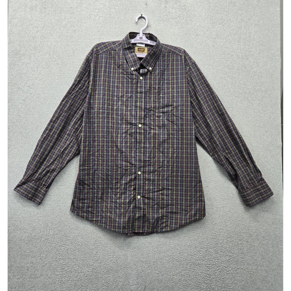 Foundry Men Button Up Shirt XLT Green Plaid Easy Care Long Sleeve Pocket Casual